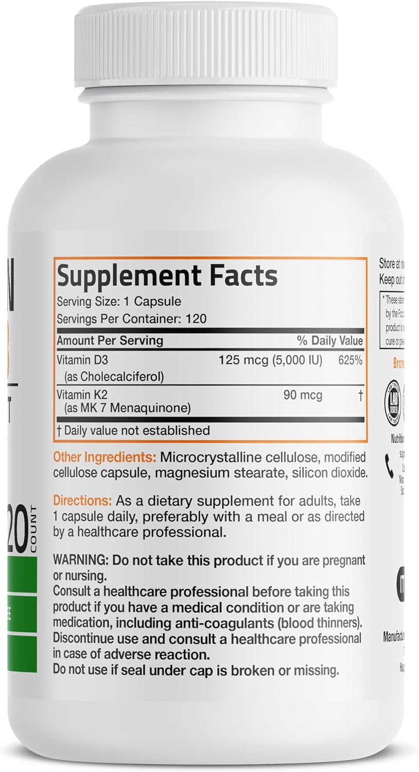 Vitamin K2 (MK7) with D3 Supplement Non-Gmo Formula 5000 IU Vitamin D3 & 90 Mcg Vitamin K2 MK-7 Easy to Swallow Vitamin D & K Complex, 120 Capsules.