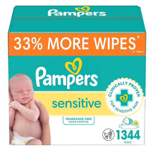Sensitive Baby Wipes, Water Based, Hypoallergenic and Unscented, 16 Flip-Top Packs (1344 Wipes Total)