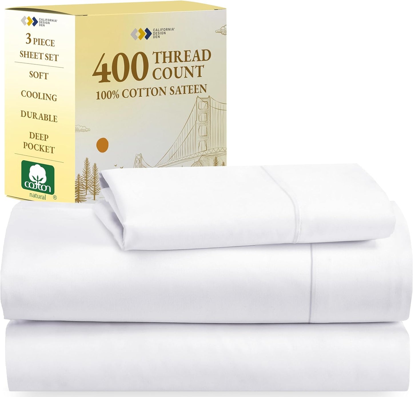 Twin Sheets Set, Good Housekeeping Award Winner, 400 Thread Count Sateen Cooling Sheets, 100% Cotton Sheets, Luxury Twin Bed Sheets Set for Dorm Rooms & Adults (White Sheets)