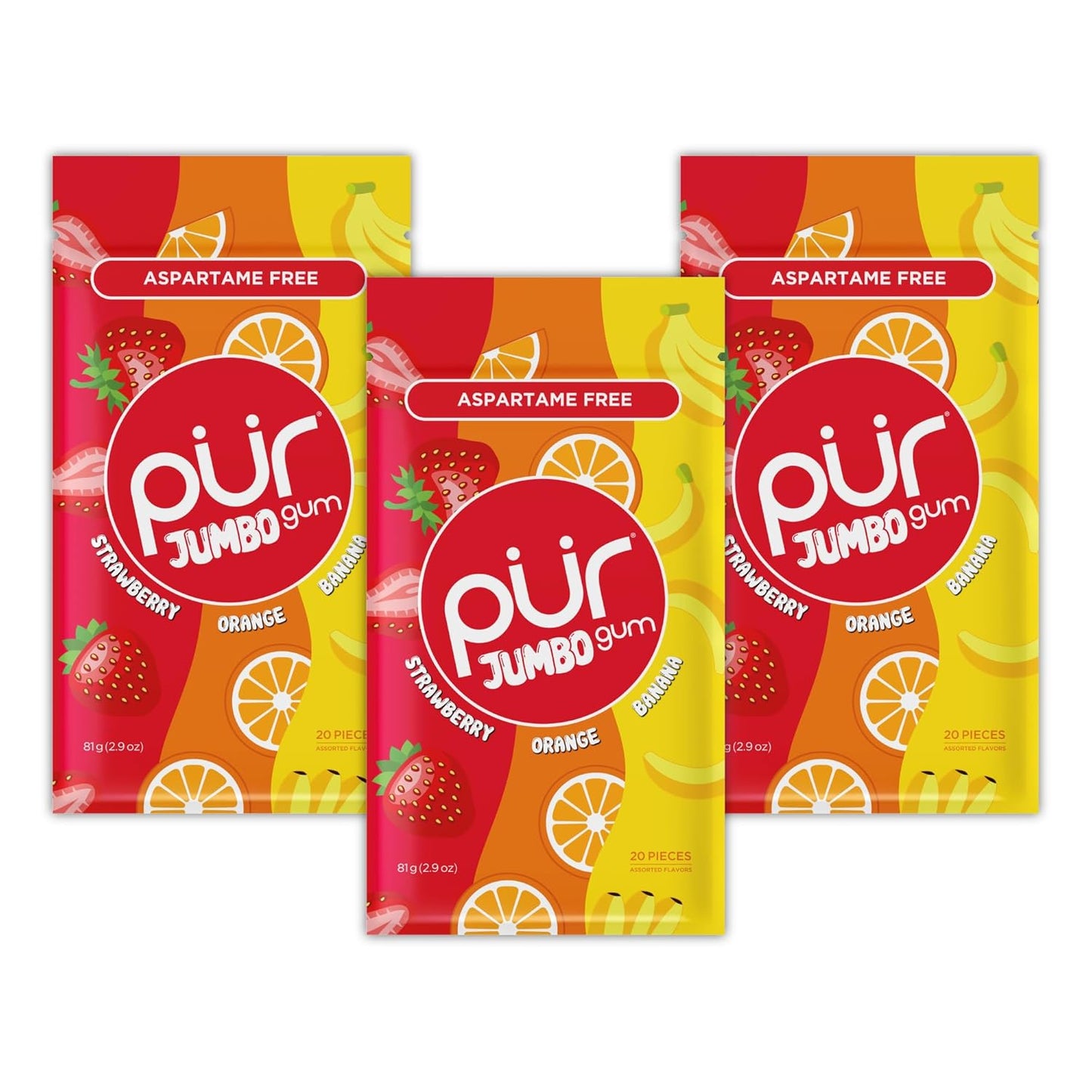 Jumbo Gum | Aspartame Free Chewing Gum | 100% Xylitol | Natural Strawberry, Banana, Orange Flavor, 20 Pieces (Pack of 3)