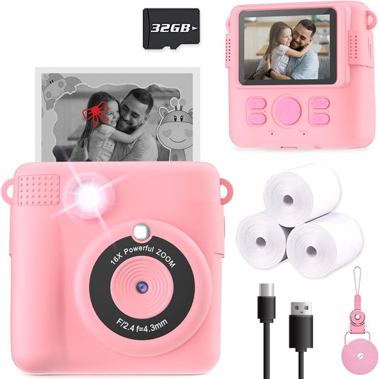 Instant Print Camera for Kids, Christmas Birthday Gifts Girls Boys Age 3-12, HD Digital Video Cameras Toddler, Portable Toy 3 4 5 6 7 8 9 10 Year Old Girl with 32GB SD Card-Pink