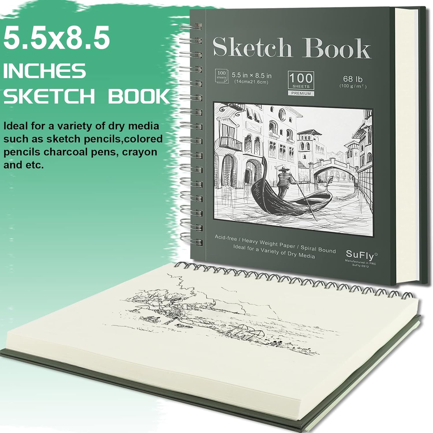 Sketch Book 5.5 X 8.5 - Spiral Sketchbook Pack of 2,  200 Sheets (68 Lb/100Gsm) Acid Free Sketch Pads for Drawing for Adults Spiral-Bound with Hard Cover for Kids, 100 Sheets Each