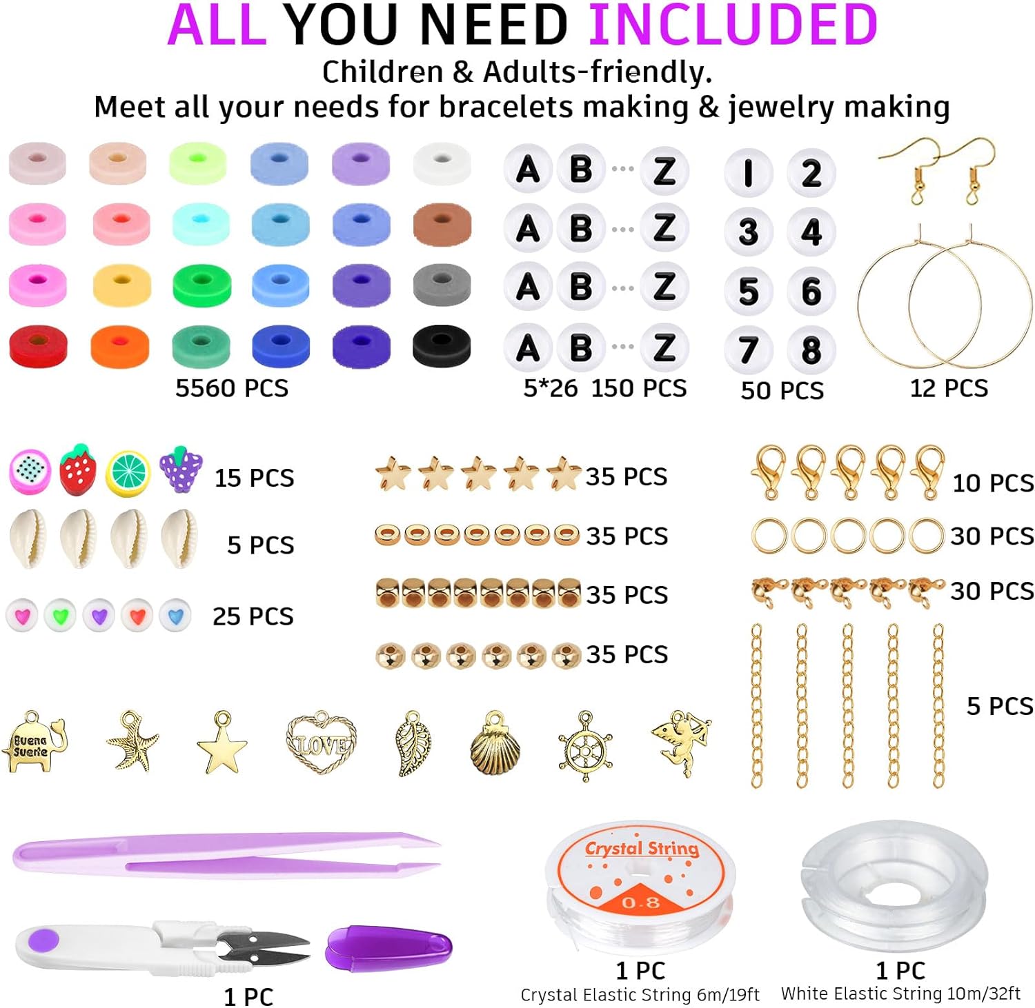 6000 Clay Beads Bracelet Making Kit, 24 Colors Flat Preppy Beads for Friendship Bracelets, Polymer Clay Beads with Charms for Jewelry Making, Crafts Gifts for Girls Ages 6-12