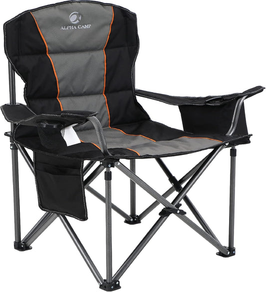 Oversized Camping Folding Chair, Heavy Duty Support 450 LBS Steel Frame Collapsible Padded Arm Chair with Cup Holder Quad Lumbar Back, Portable for Outdoor
