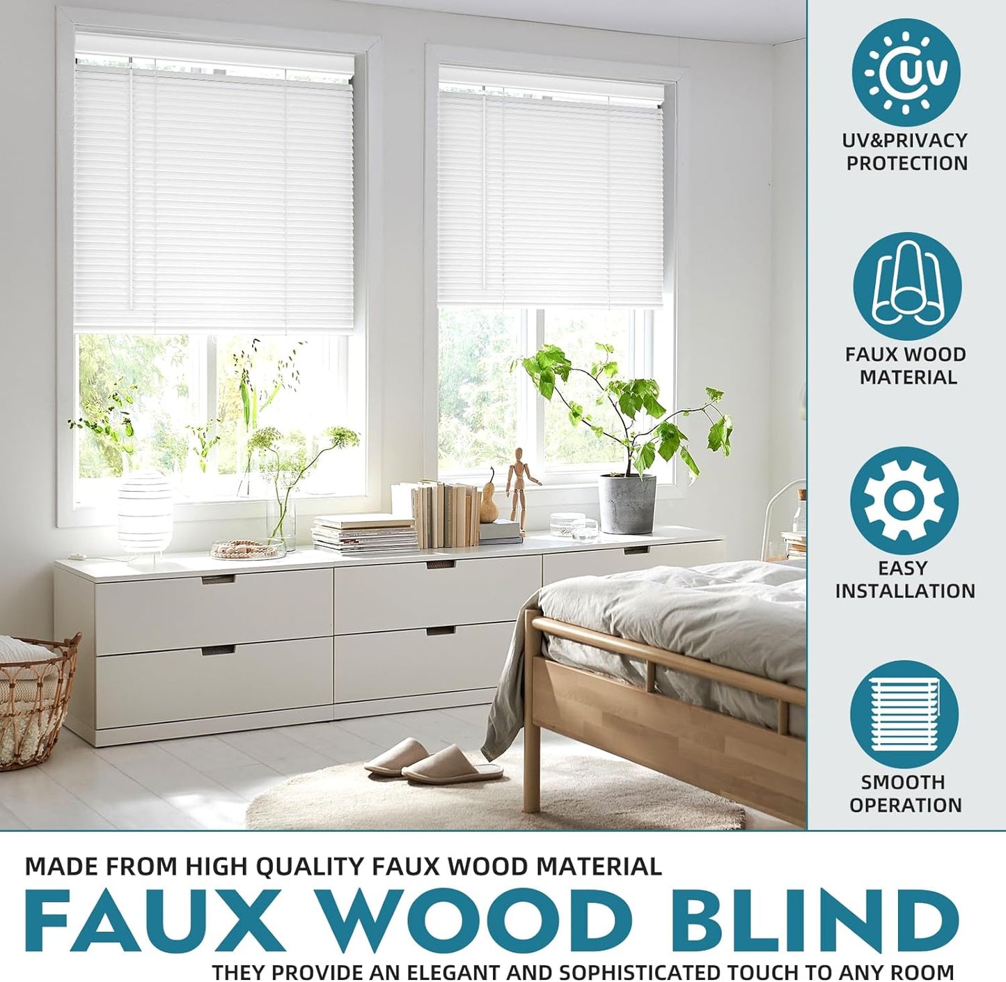 Faux Wood Blinds 2 Inch - Custom Premium PVC Blinds for Windows, Elegant Cordless Window Blinds for Inside/Outside Mount (Actual Size 26.5" W X 64" H) White