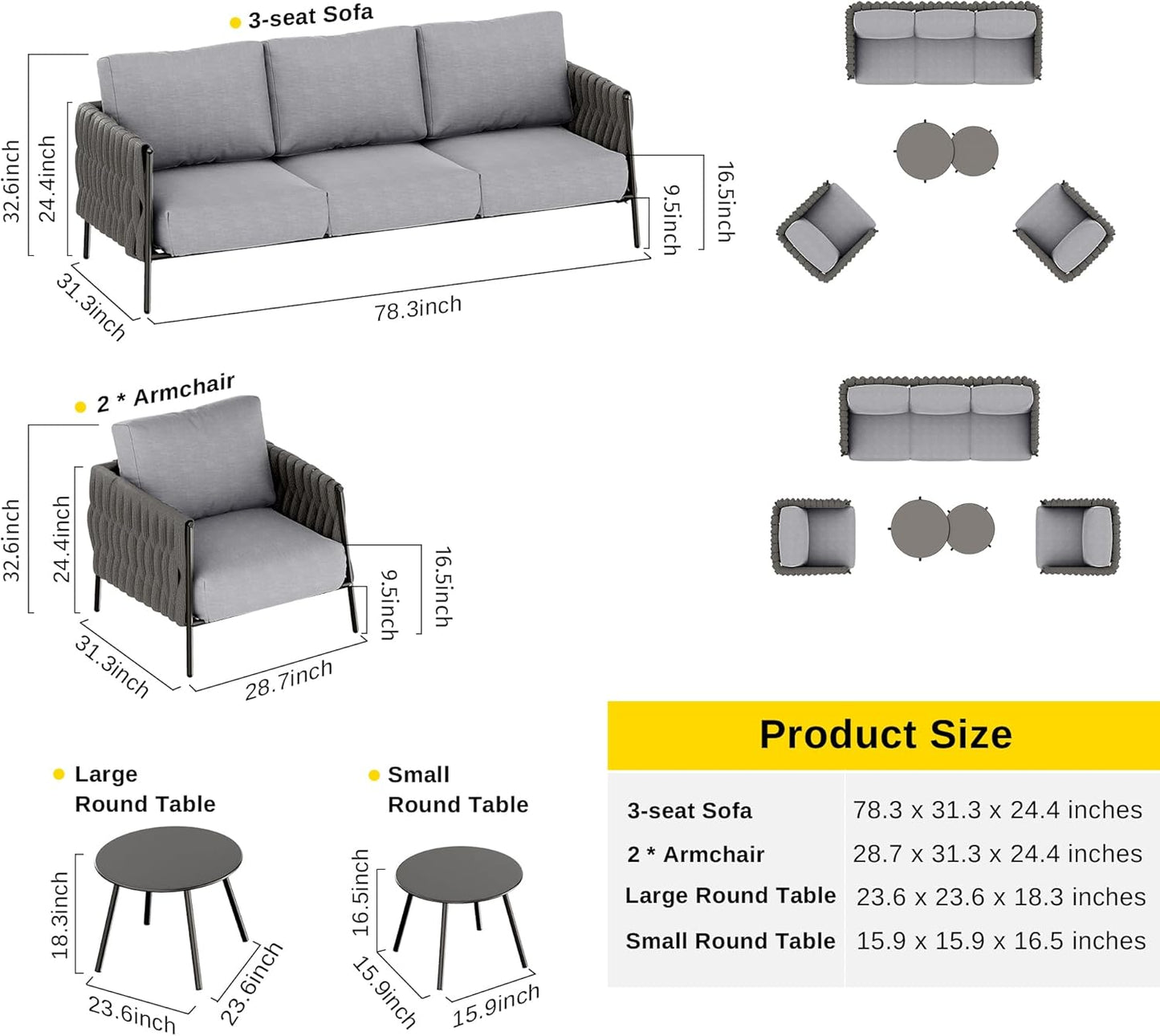 Life Chatter Patio Furniture Set 5 Pieces, Outdoor Furniture 5-Seat Sofa with Two round Coffee Table, Waterproof Thick Cushion Deep Seating for Porch, Balcony, Earth Black & Misty Grey