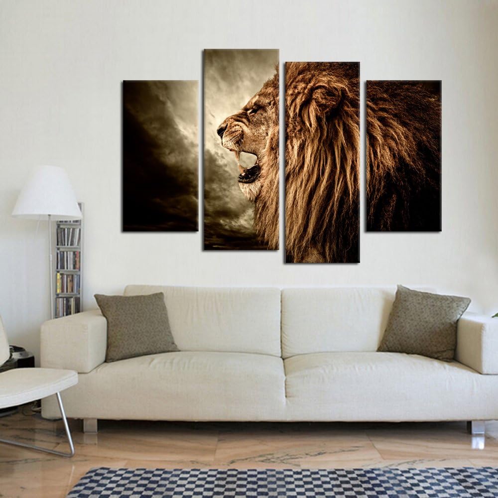 - 4 Panel Wall Art Lion Painting Print on Canvas Animal Pictures for Home Decor Decoration Gift Piece Stretched by Wooden Frame Ready to Hang