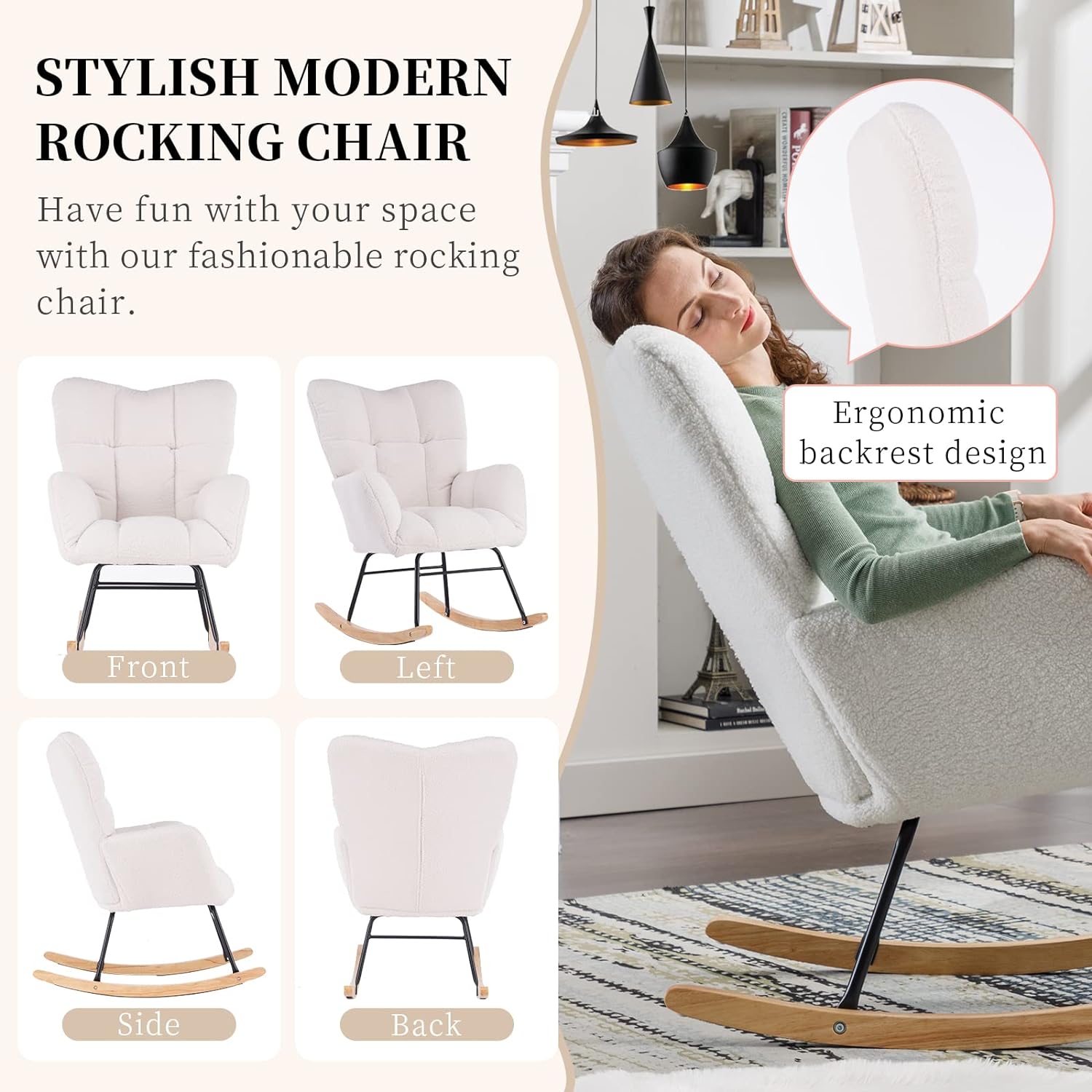 Nursery Rocking Chair Teddy Upholstered Glider Rocker Rocking Accent Chair Padded Seat with High Backrest Armchair Comfy Side Chair for Living Room Bedroom Offices (Ivory Teddy)