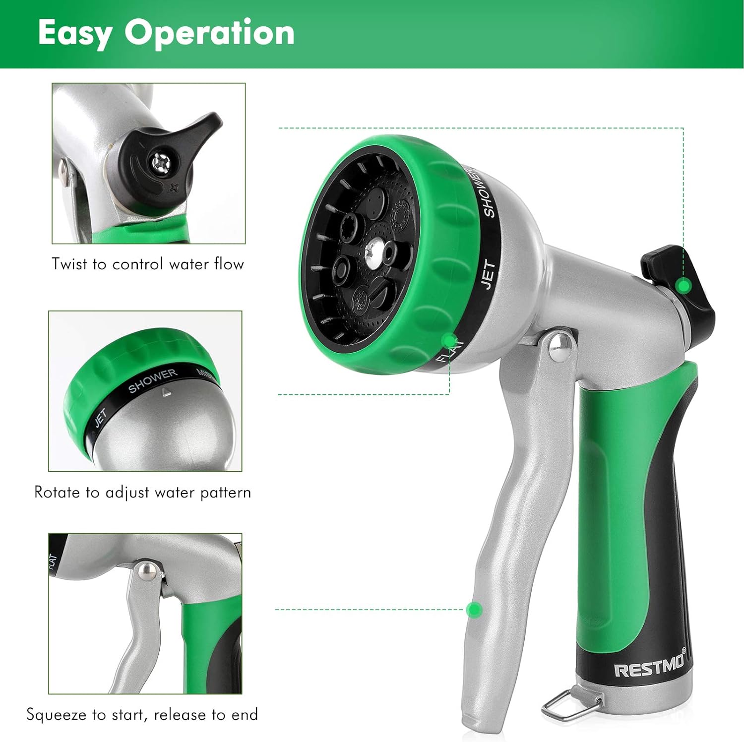 Garden Hose Nozzle, Heavy Duty Metal Water Hose Nozzle with 7 Adjustable Spray Patterns, High Pressure Hand Sprayer with Flow Control for Watering Plants & Lawns, Washing Cars & Pets