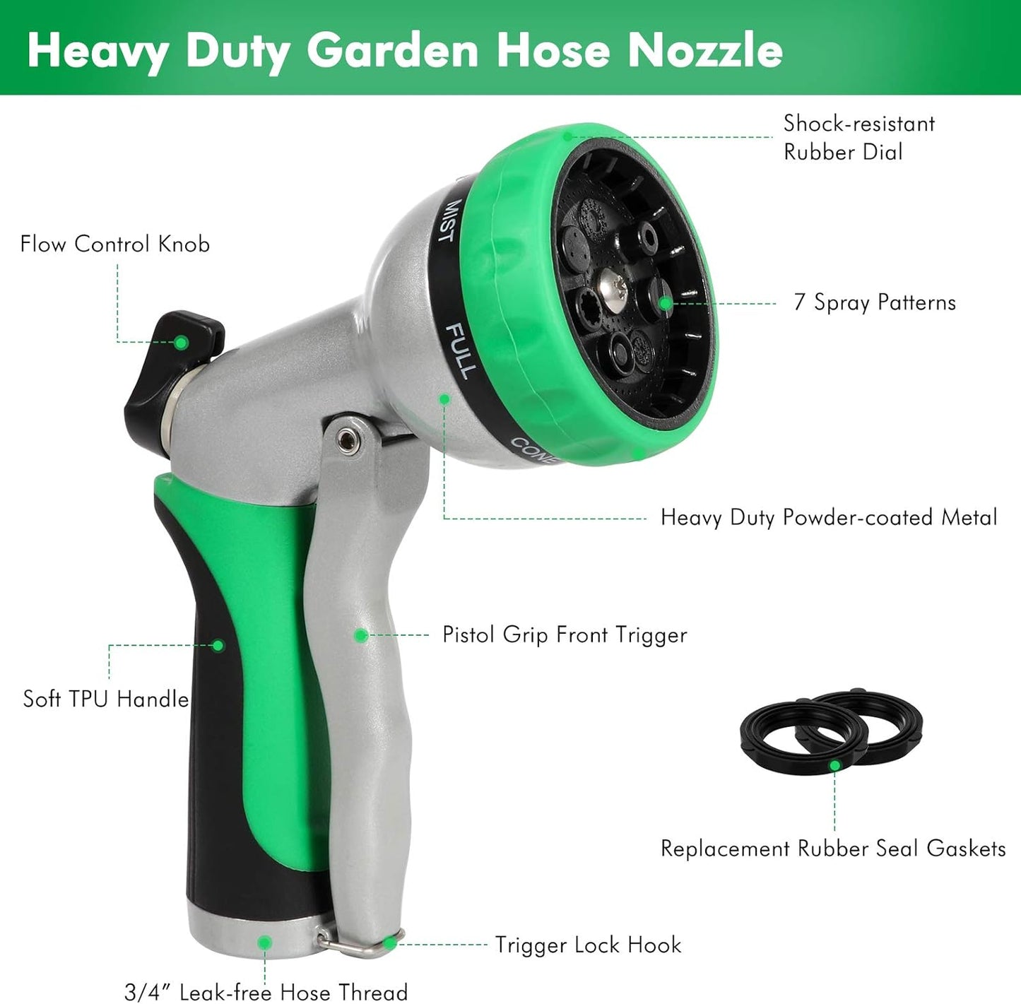 Garden Hose Nozzle, Heavy Duty Metal Water Hose Nozzle with 7 Adjustable Spray Patterns, High Pressure Hand Sprayer with Flow Control for Watering Plants & Lawns, Washing Cars & Pets