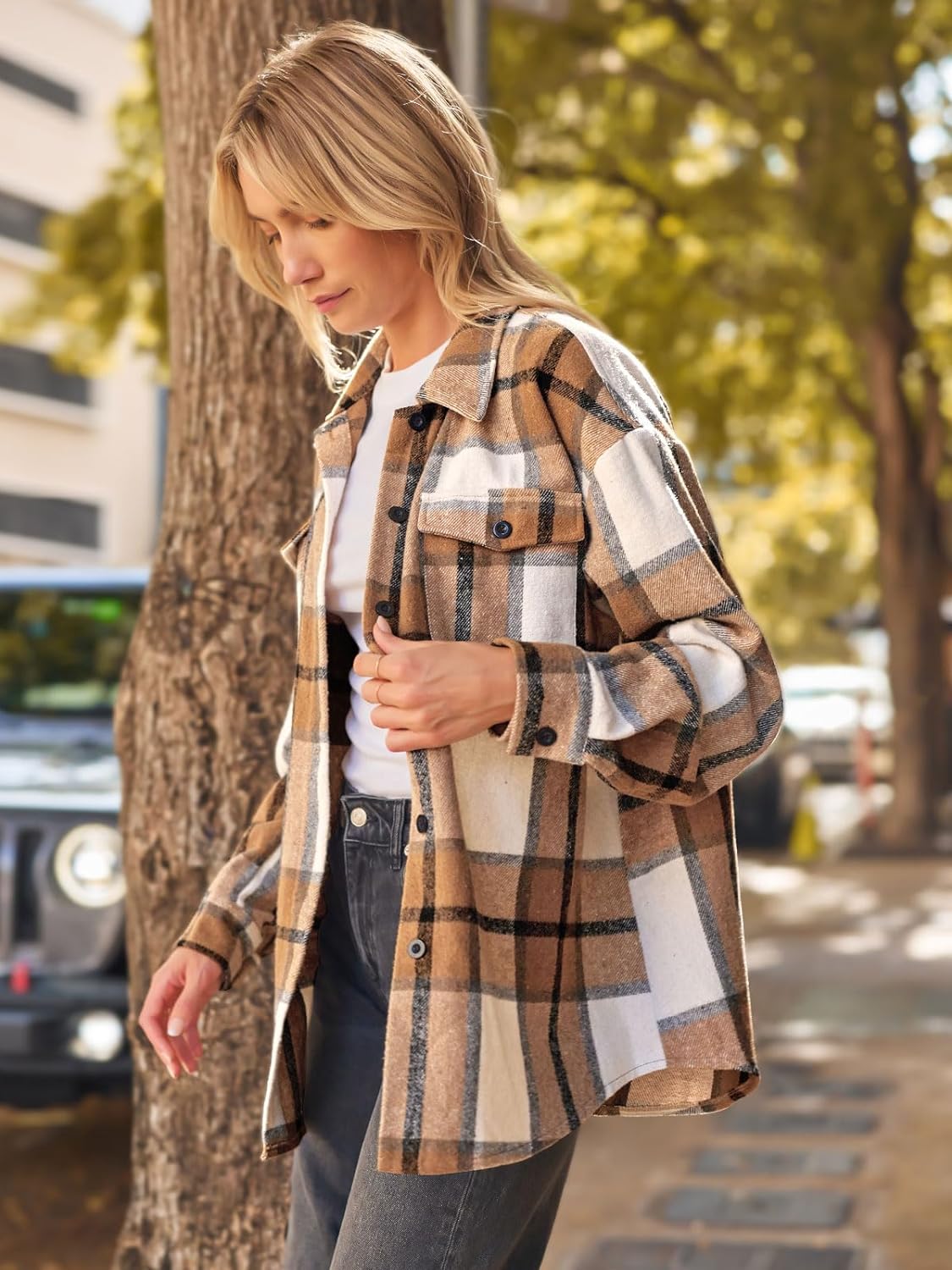 Womens Fall Outfits Fashion Clothes Shackets Flannel Plaid Button down Long Sleeve Shirts Jackets 2024