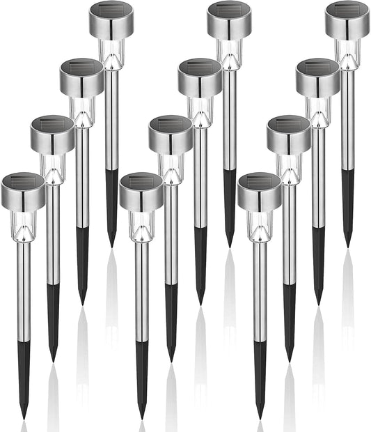 Solar Lights Outdoor Waterproof, 12 Pack, Stainless Steel LED Solar Garden Lights for Patio, Lawn, Yard and Landscape, Cold White