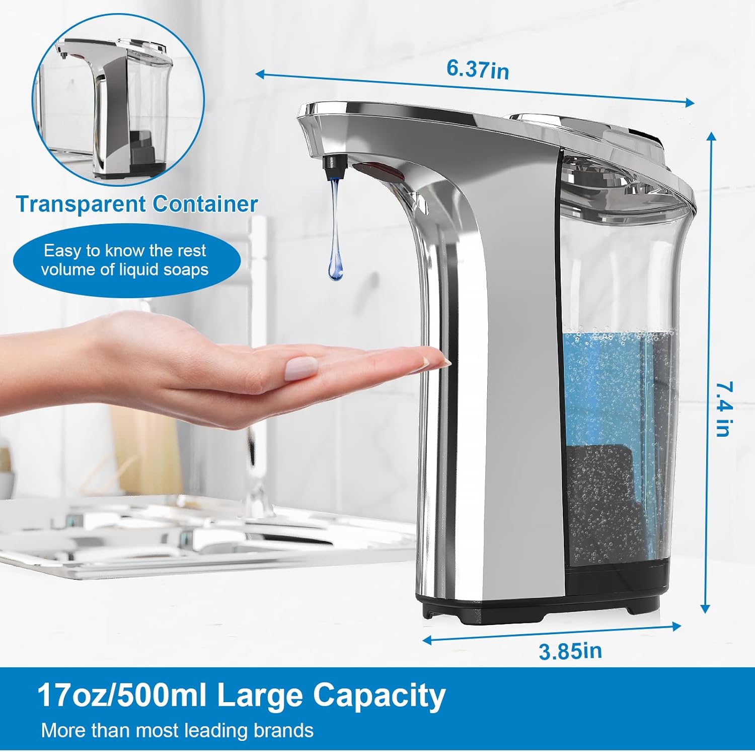 Automatic Soap Dispenser, Touchless Dish Soap Dispenser 17Oz/500Ml with Infrared Sensor, 5 Adjustable Soap Levels, Liquid Hand Soap Dispenser