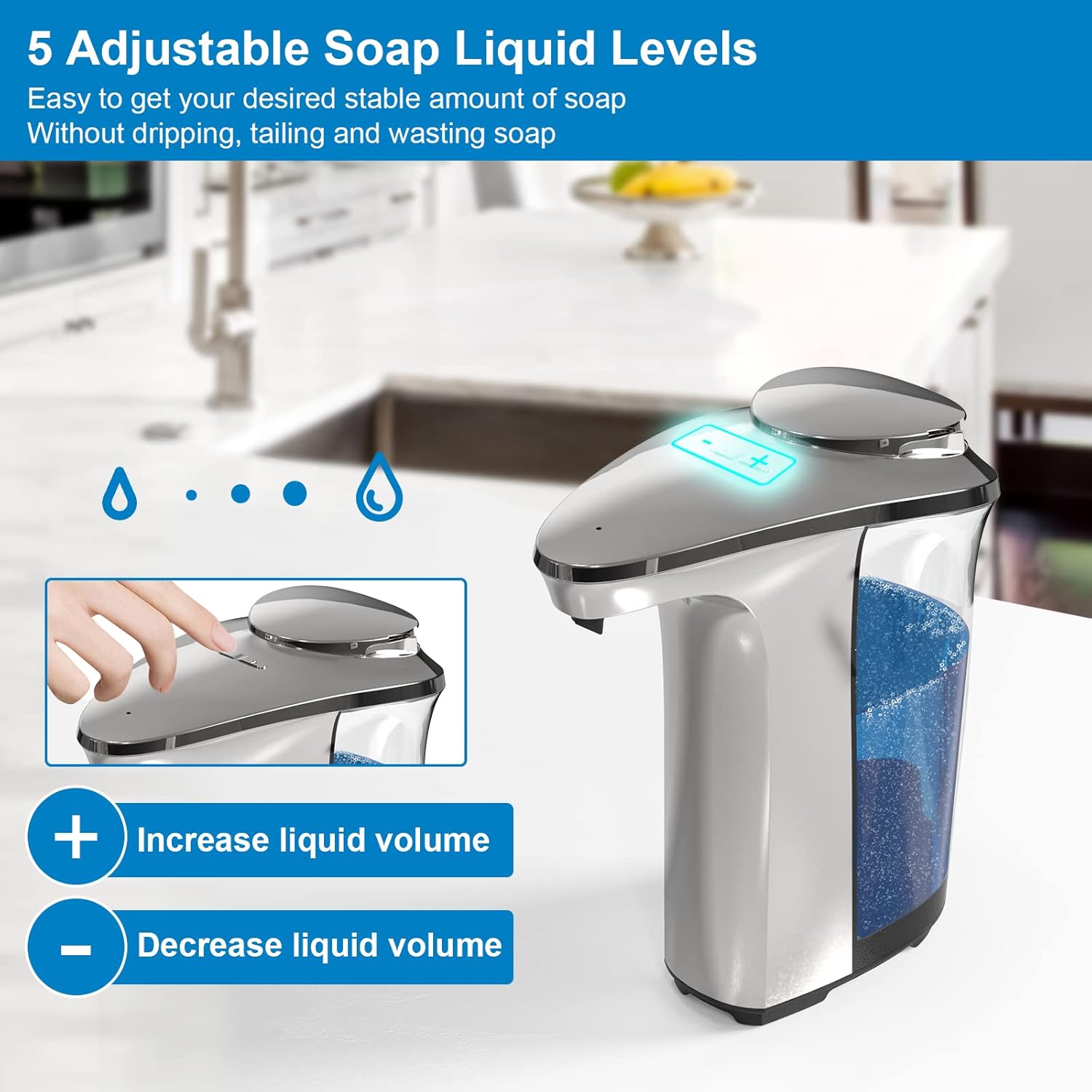 Automatic Soap Dispenser, Touchless Dish Soap Dispenser 17Oz/500Ml with Infrared Sensor, 5 Adjustable Soap Levels, Liquid Hand Soap Dispenser