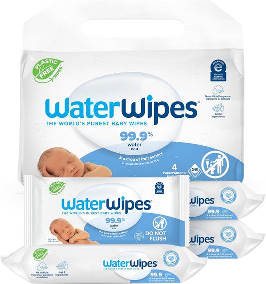Plastic-Free Original-Baby Wipes, 99.9% Water Based Wipes, Unscented & Hypoallergenic for Sensitive Skin, 240 Count (4 Packs), Packaging May Vary