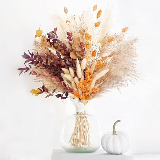 Fall Decor Autumn Decorations for Home Thanksgiving Table Boho Flowers Orange Pampas Grass Fluffy Dried Flower Bouquet Dry Pompas 17"-95-Pcs Pompous (Orange)