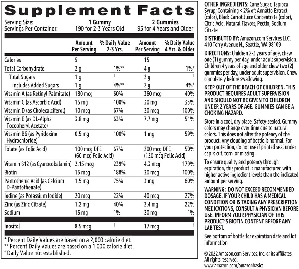 Kids' Multivitamin Gummies, Orange, Cherry & Strawberry, 190 Count (Previously Solimo)