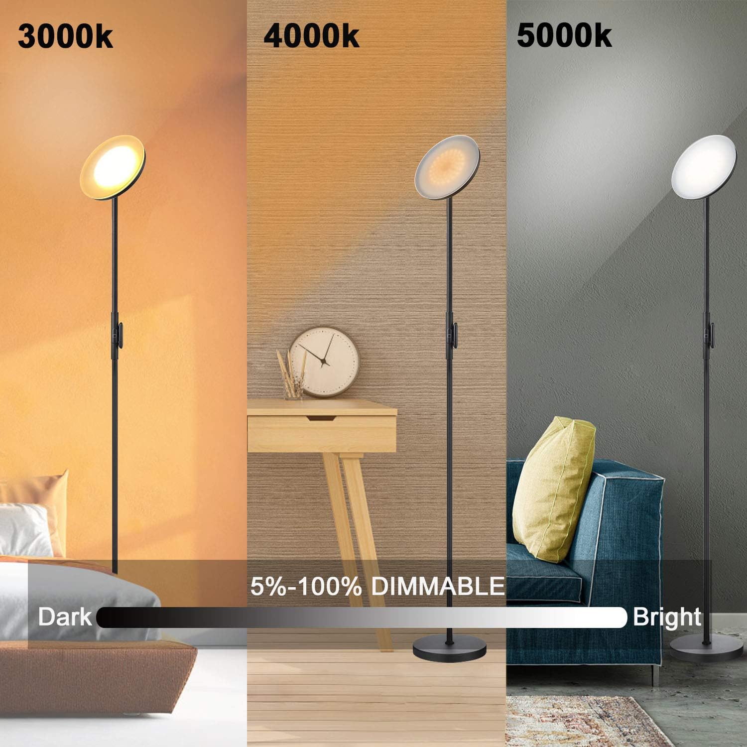 Floor Lamp,30W/2400Lm Sky LED Modern Torchiere 3 Color Temperatures Super Bright-Tall Standing Pole Light with Remote & Touch Control for Living Room,Bed Room,Office (Black)