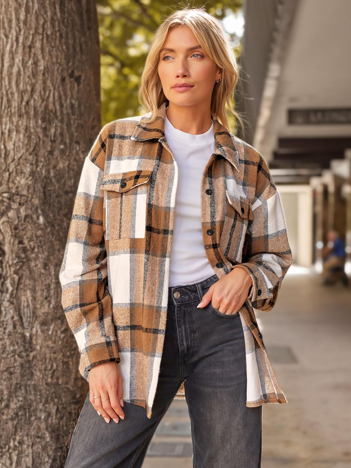 Womens Fall Outfits Fashion Clothes Shackets Flannel Plaid Button down Long Sleeve Shirts Jackets 2024