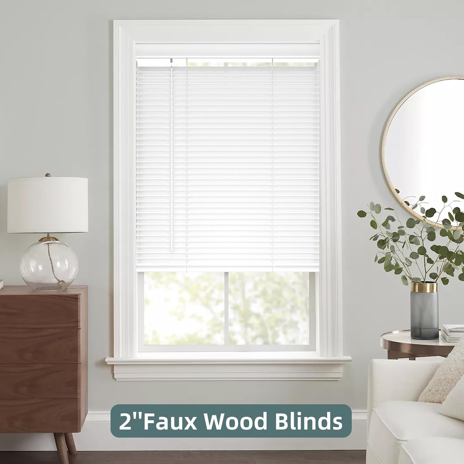 Faux Wood Blinds 2 Inch - Custom Premium PVC Blinds for Windows, Elegant Cordless Window Blinds for Inside/Outside Mount (Actual Size 26.5" W X 64" H) White