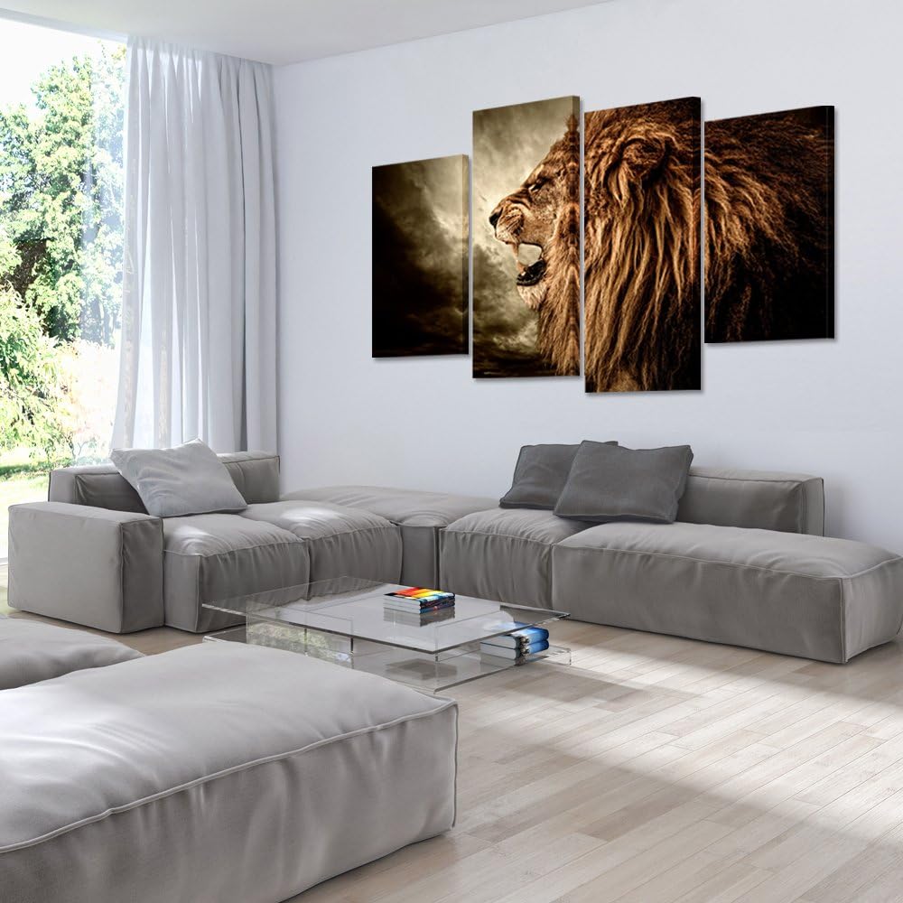 - 4 Panel Wall Art Lion Painting Print on Canvas Animal Pictures for Home Decor Decoration Gift Piece Stretched by Wooden Frame Ready to Hang