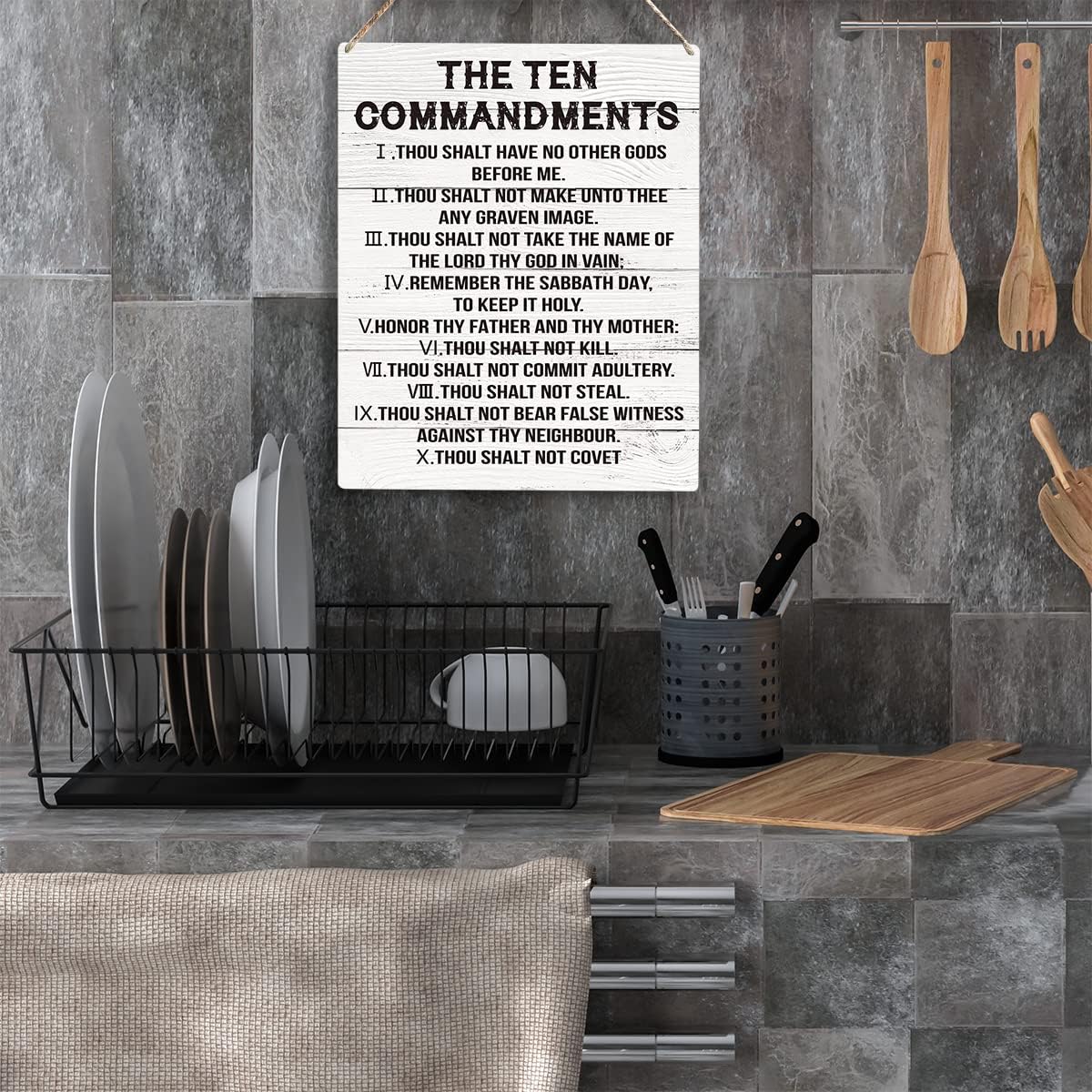 Inspirational Ten Commandments Wall Art - Rustic Wooden Decor with Christian Bible Verses for Living Spaces (10x8 inches)