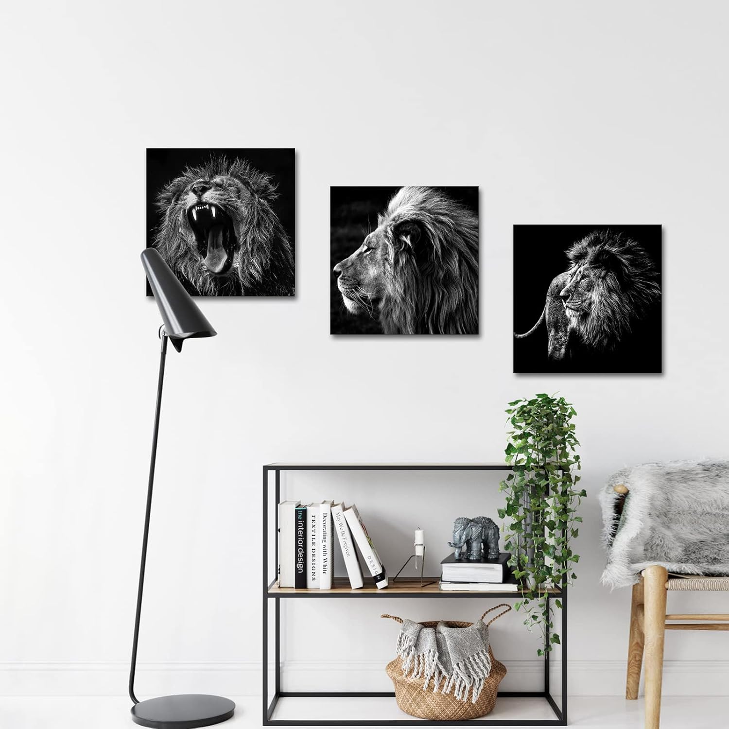 - 3 Panels Lion King Black and White Canvas Prints Wall Art Modern Painting Wall Pictures for Living Room Office Decoration Ready to Hang (16X16Inchx3Pcs/Set)