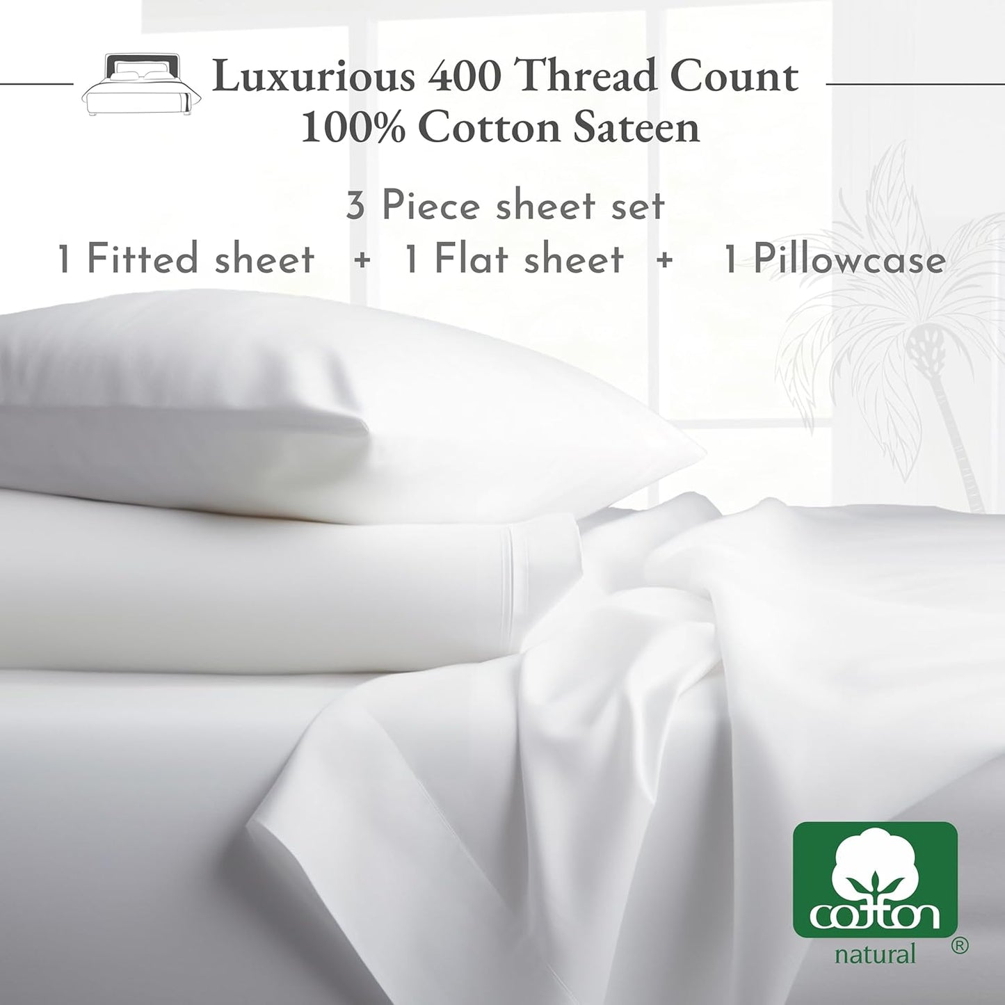 Twin Sheets Set, Good Housekeeping Award Winner, 400 Thread Count Sateen Cooling Sheets, 100% Cotton Sheets, Luxury Twin Bed Sheets Set for Dorm Rooms & Adults (White Sheets)