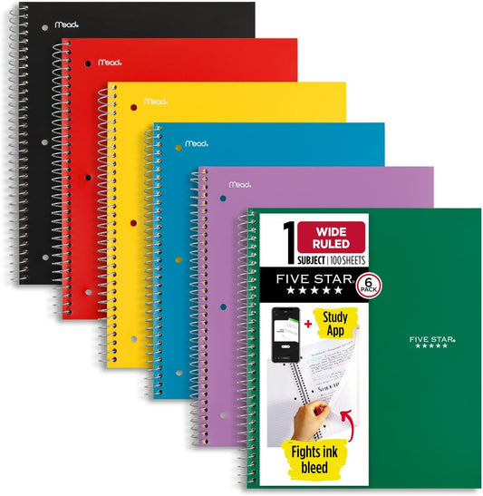 Spiral Notebooks + Study App, 6 Pack, 1 Subject, Wide Ruled Paper, Fights Ink Bleed, Water Resistant Cover, 8-1/2" X 10", 100 Sheets, Black, Red, Yellow, Purple, Green, Blue (38042)