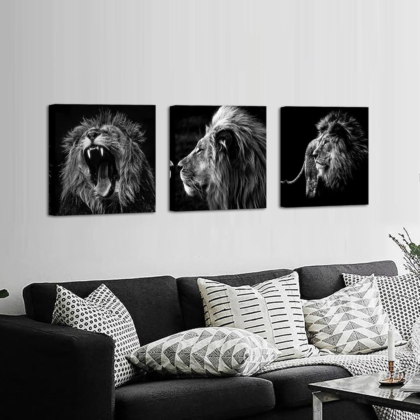 - 3 Panels Lion King Black and White Canvas Prints Wall Art Modern Painting Wall Pictures for Living Room Office Decoration Ready to Hang (16X16Inchx3Pcs/Set)