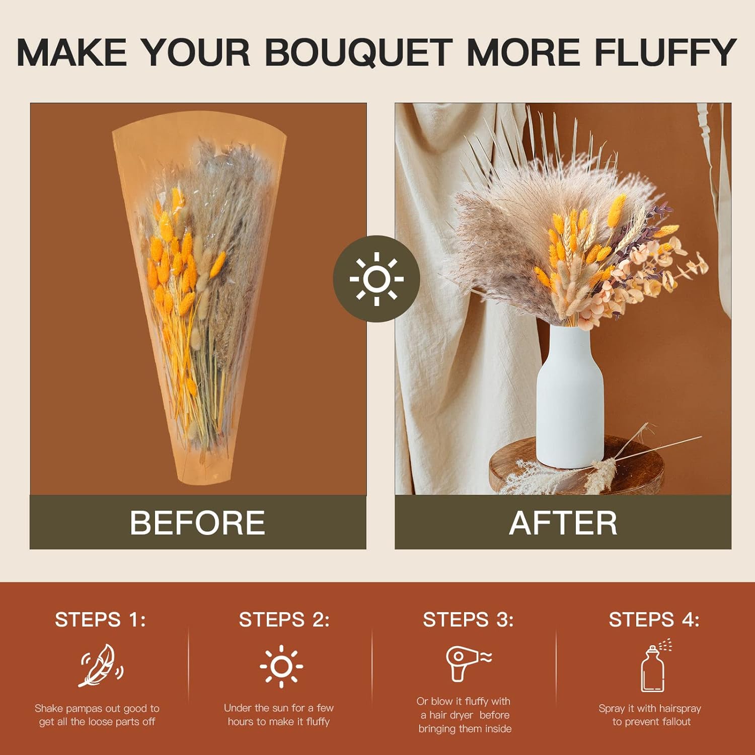 Fall Decor Autumn Decorations for Home Thanksgiving Table Boho Flowers Orange Pampas Grass Fluffy Dried Flower Bouquet Dry Pompas 17"-95-Pcs Pompous (Orange)