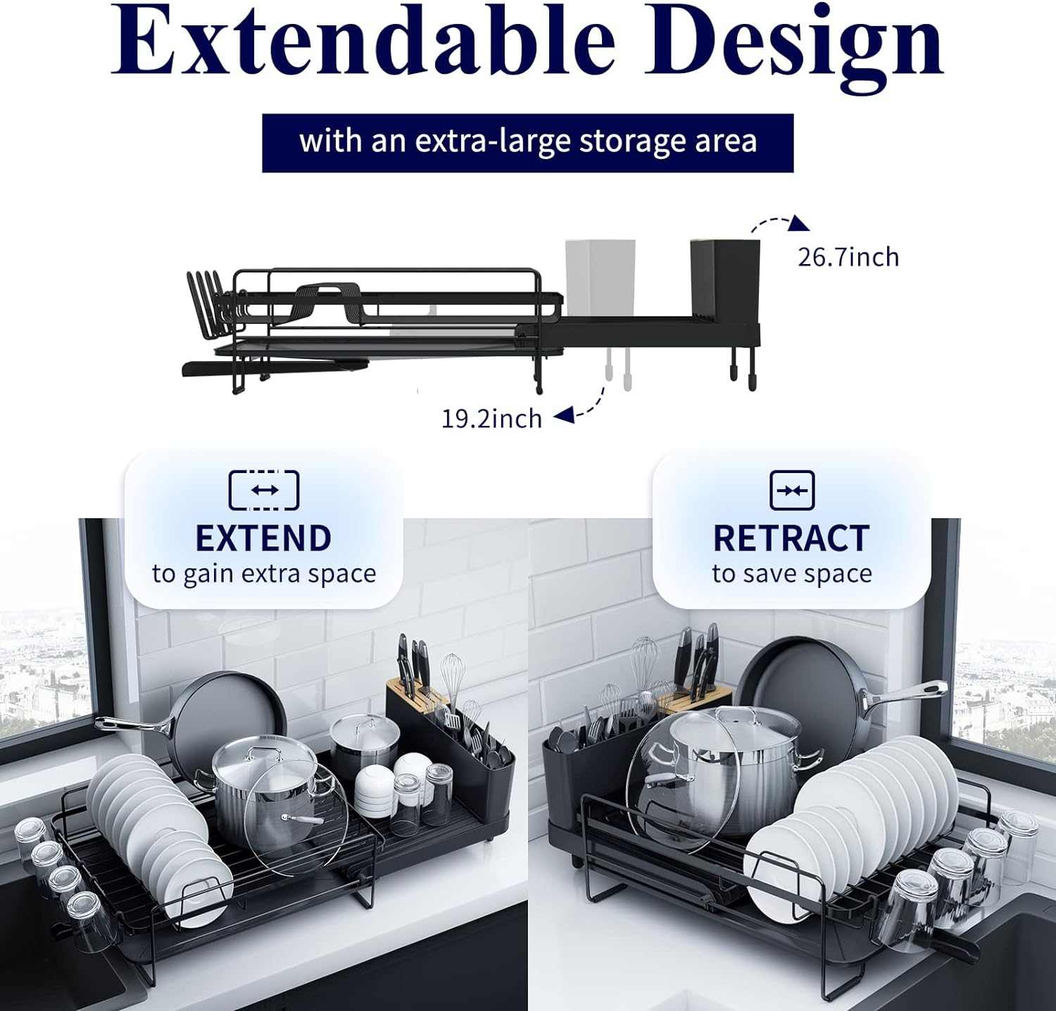 Large Extendable Dish Drying Rack for Kitchen Counter