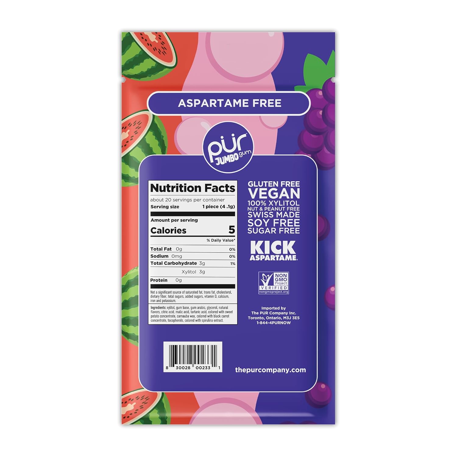 Jumbo Gum | Aspartame Free Chewing Gum | 100% Xylitol | Natural Bubblegum, Grape, Watermelon Flavor, 20 Pieces (Pack of 3)