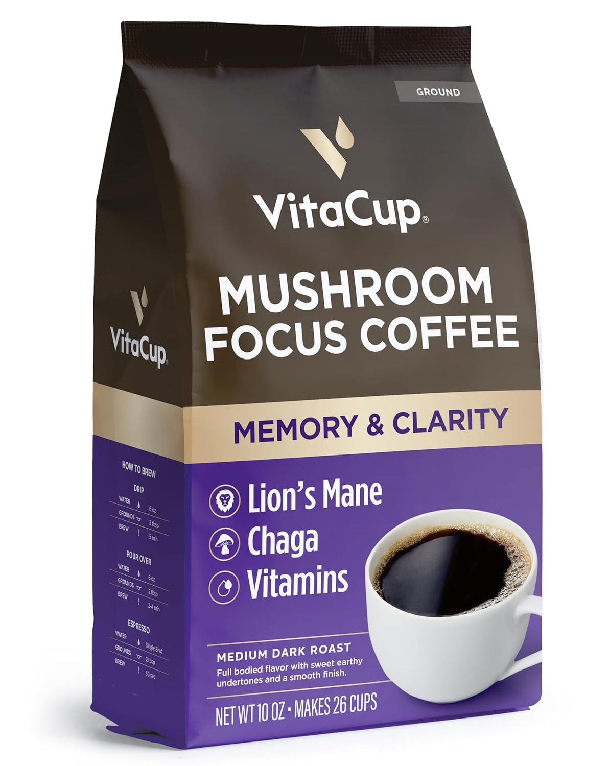 Focus Mushroom Coffee Grounds, with Lions Mane, Chaga, B Vitamins, D3, Boost Focus, Immunity, Memory & Clarity, Medium Dark Roast, Bold & Smooth 100% Arabica Specialty, 10 Oz