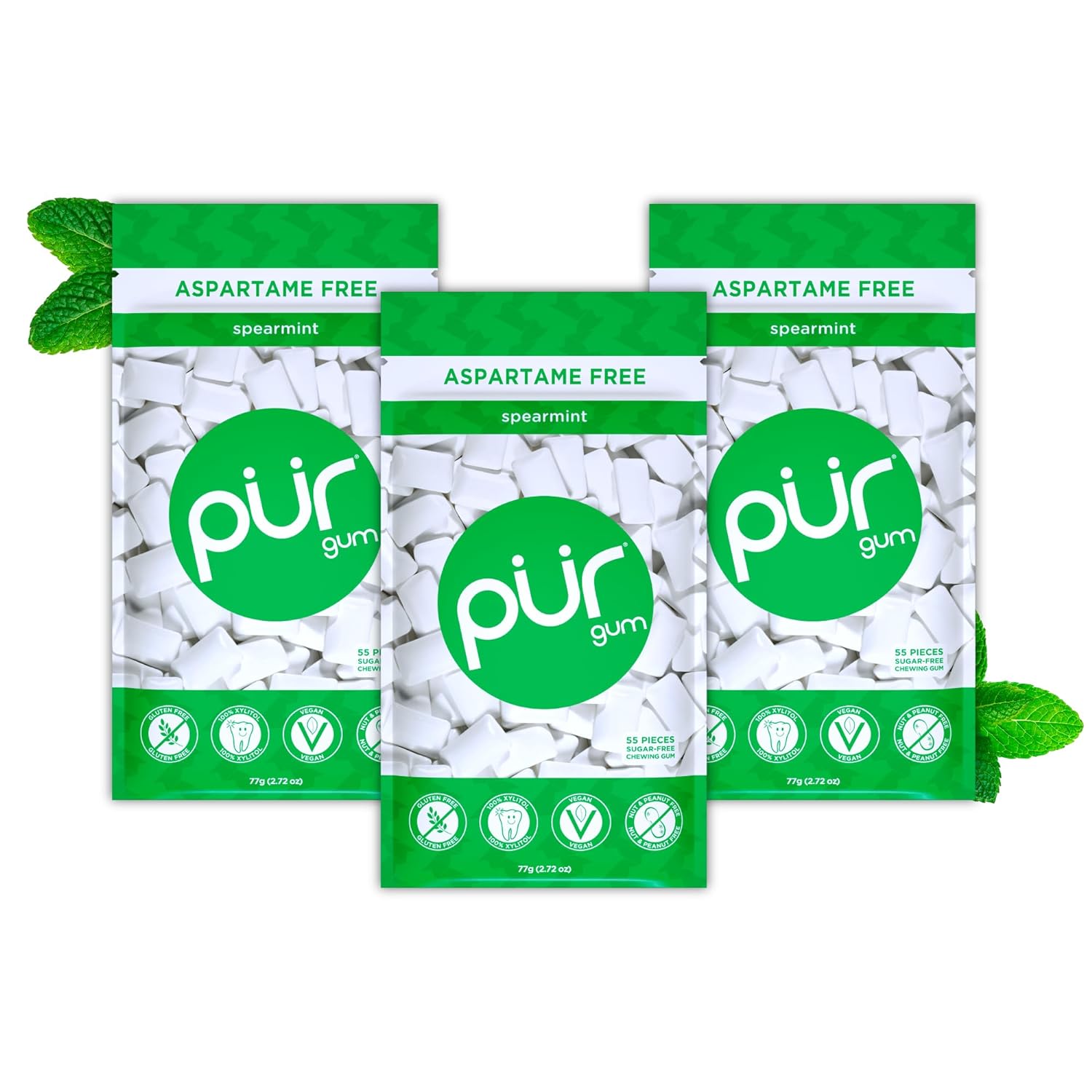 Gum | Aspartame Free Chewing Gum | 100% Xylitol | Natural Spearmint Flavored Gum, 55 Pieces (Pack of 3)