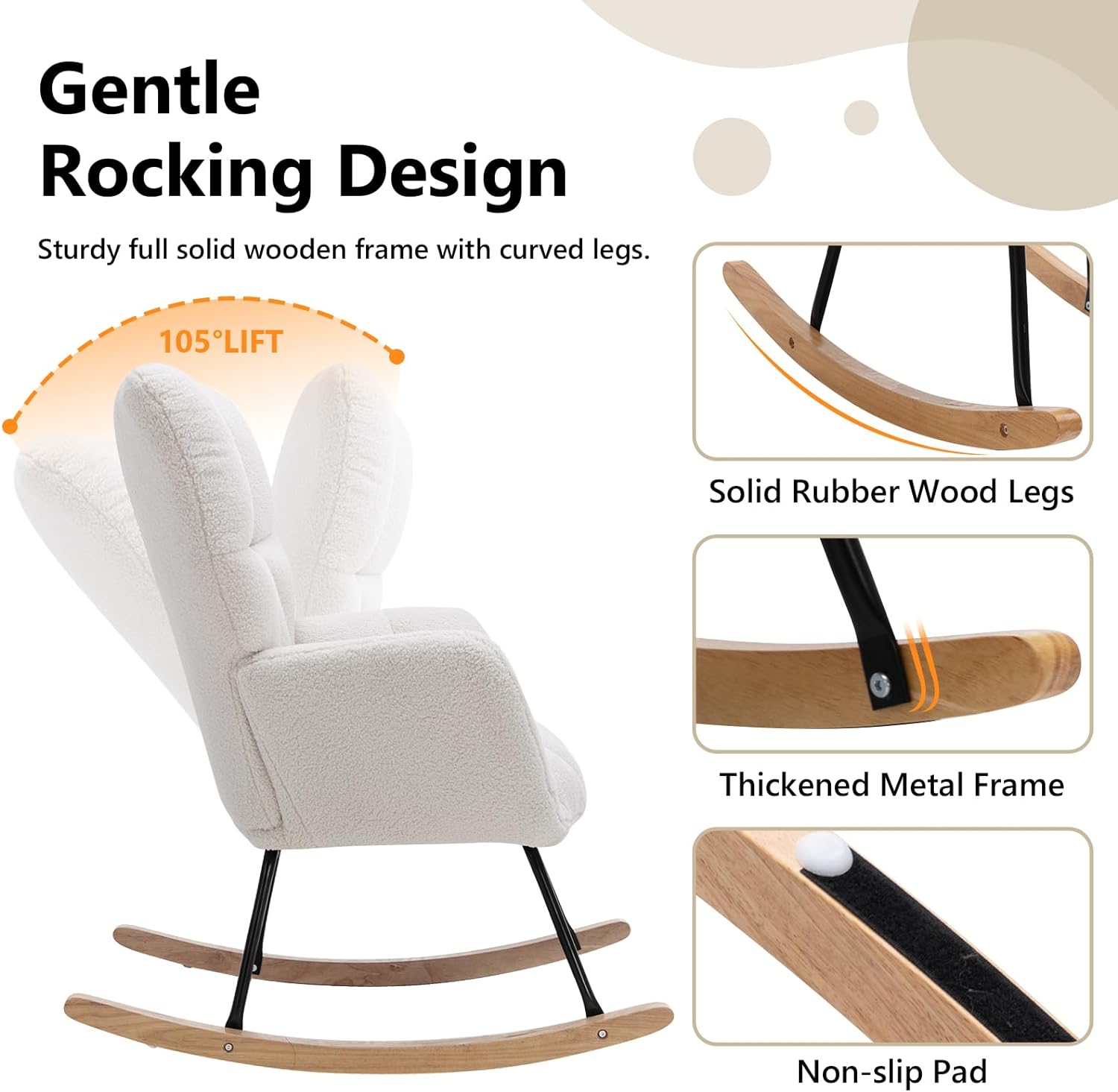 Nursery Rocking Chair Teddy Upholstered Glider Rocker Rocking Accent Chair Padded Seat with High Backrest Armchair Comfy Side Chair for Living Room Bedroom Offices (Ivory Teddy)