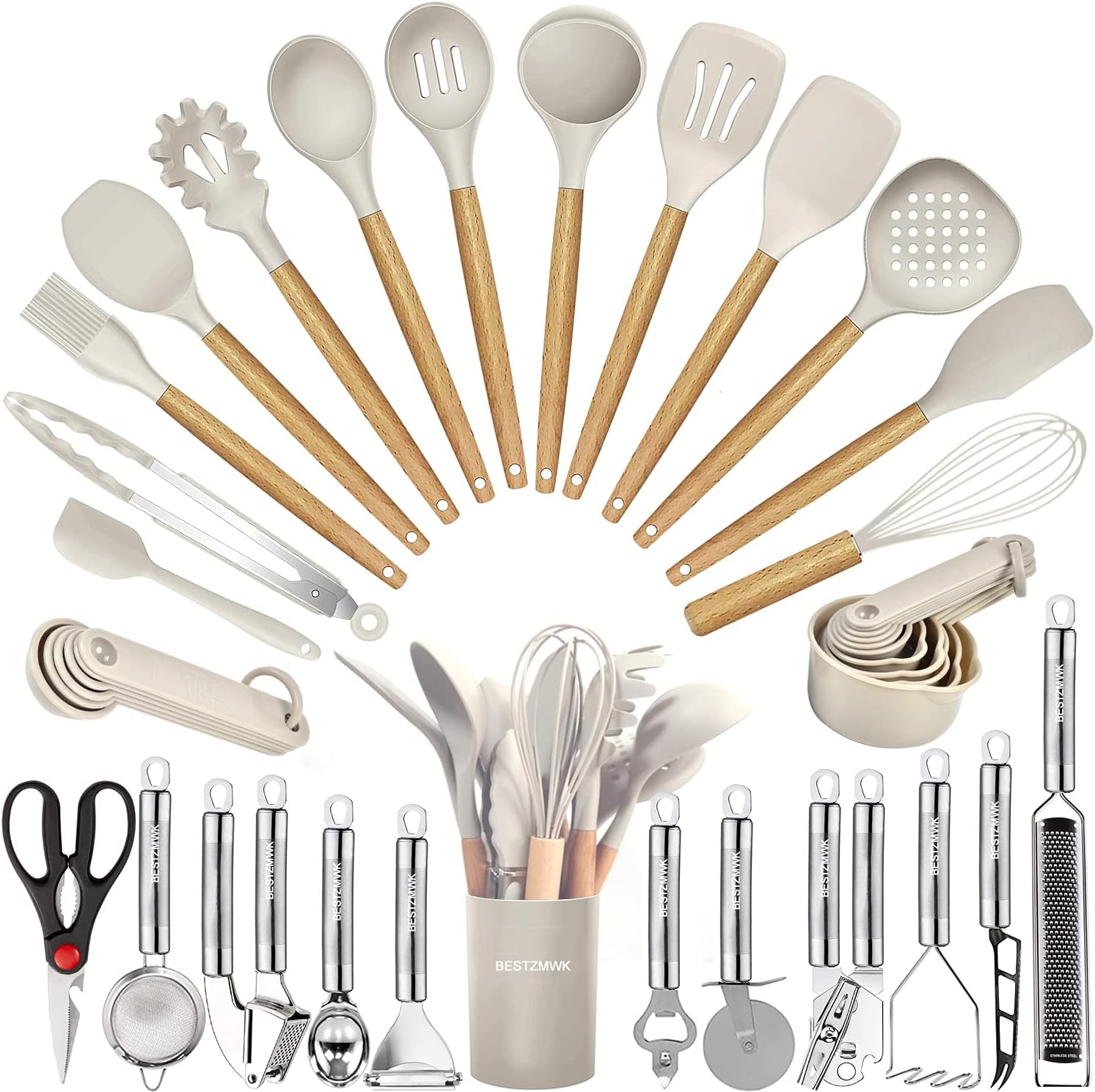 Kitchen Utensils Set- 35 Pcs Cooking Utensils with Grater,Tongs, Spoon Spatula &Turner Made of Heat Resistant Food Grade Silicone and Wooden Handles Kitchen Gadgets Tools Set for Nonstick Cookware