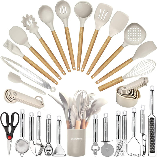 Kitchen Utensils Set- 35 Pcs Cooking Utensils with Grater,Tongs, Spoon Spatula &Turner Made of Heat Resistant Food Grade Silicone and Wooden Handles Kitchen Gadgets Tools Set for Nonstick Cookware