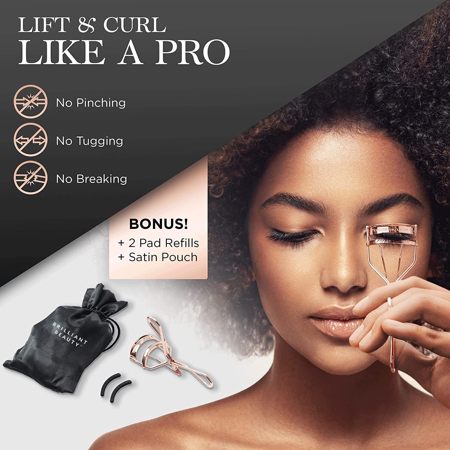 Eyelash Curler with Satin Bag & Refill Pads - Award Winning - No Pinching, Just Dramatically Curled Eyelashes for a Lash Lift in Seconds (Rose Gold)