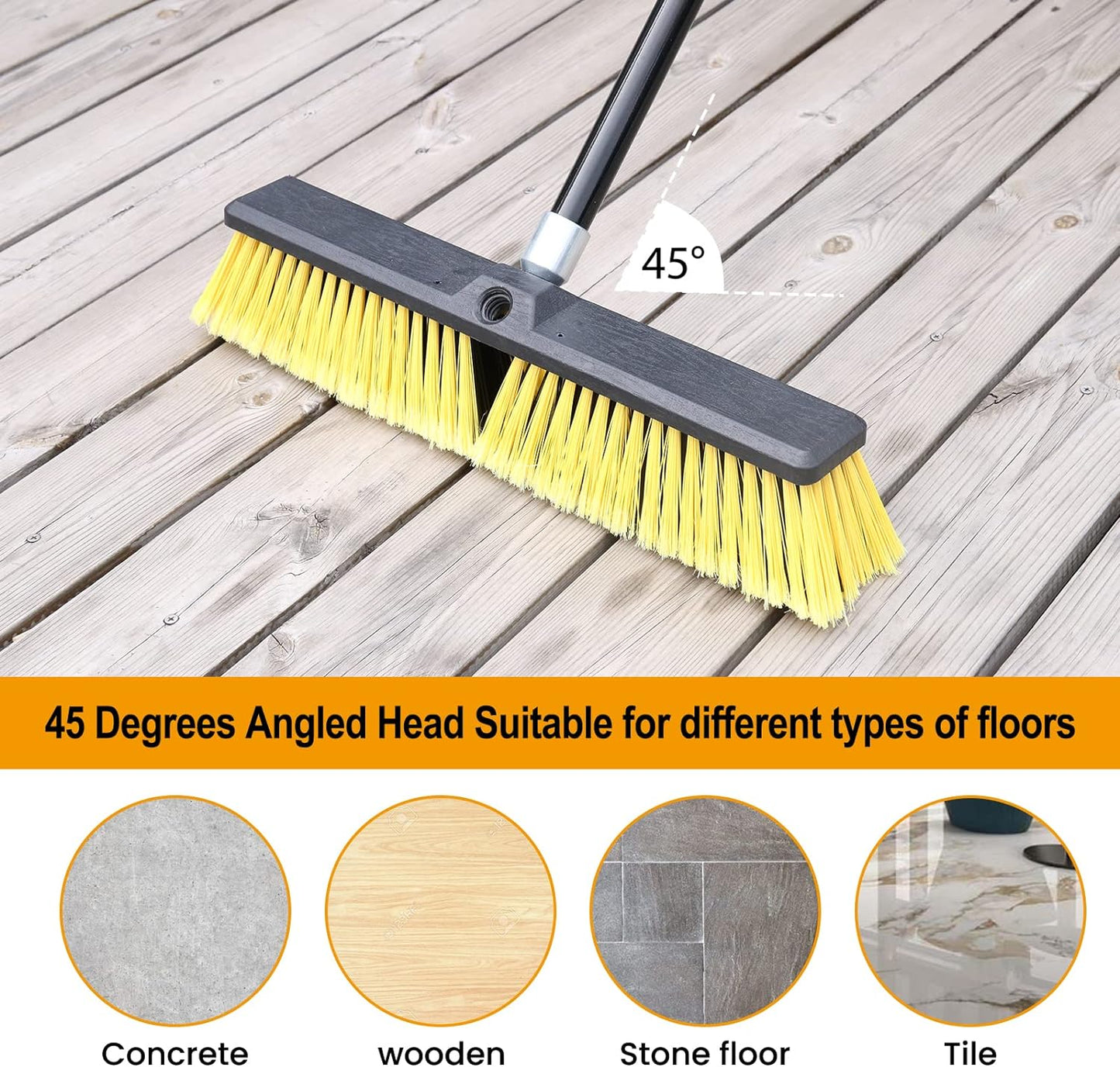 18 Inches Push Broom Outdoor- Heavy Duty Broom with 63" Long Handle for Deck Driveway Garage Yard Patio Warehouse Concrete Floor Cleaning