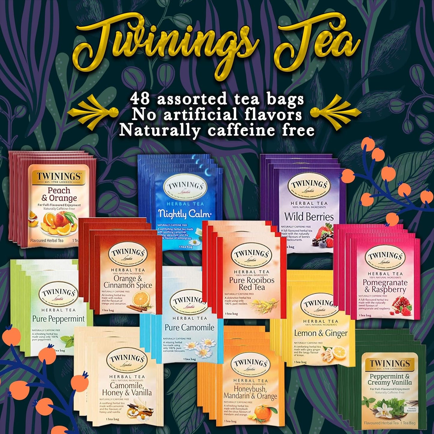 Twinings 48 Assorted Tea Bags Variety Pack, 12 Flavors Tea Assortment, Tea Sampler Set with 20 Honey Sticks for Tea - Assorted Tea Bags Individually Wrapped