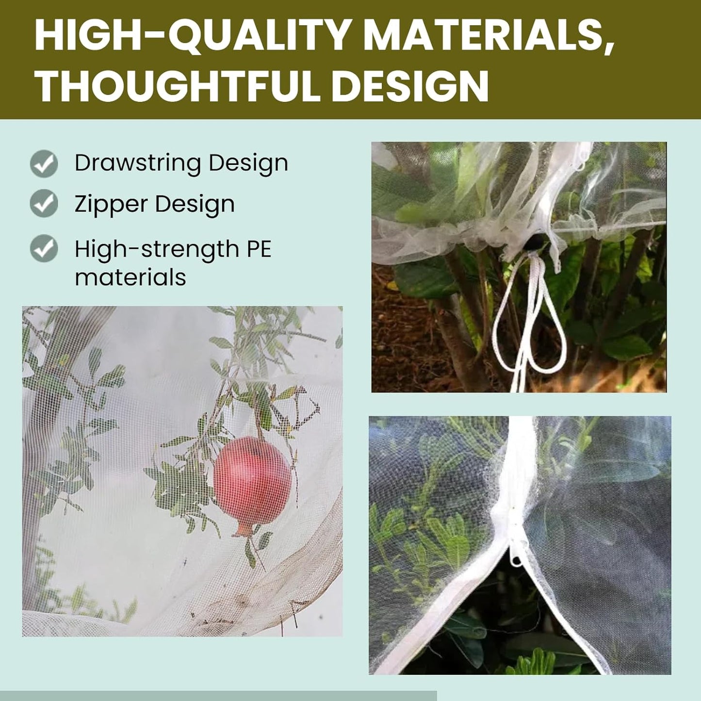 Large Fruit Tree Netting Cover with Zipper and Drawstring, 10X10Ft, Fruit Tree Netting for Squirrels and Birds, Bird Netting for Fruit Trees and Garden Protection, White