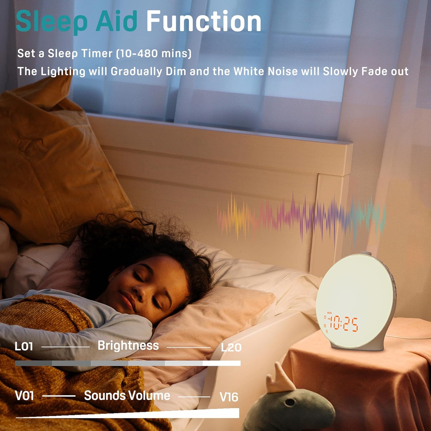 Sound Machine White Noise Machine with 25 Soothing Sounds, 17 Nightlights, 5W Bluetooth Speaker, Sleep Timer, Wake up Light Sunrise Alarm Clock for Bedrooms, Ideal Gift for Baby, Kids, Adults, Seniors