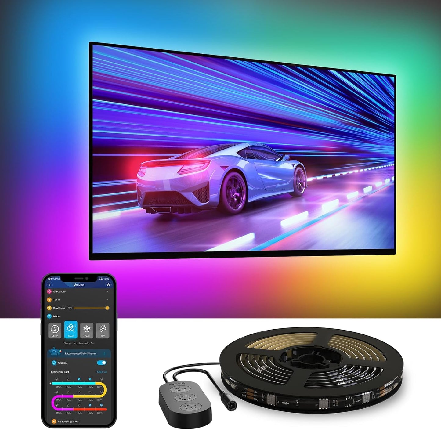 TV LED Backlight, RGBIC TV Backlight for 70-80 Inch Tvs, Smart LED Lights for TV with Bluetooth and Wi-Fi Control, Works with Alexa & Google Assistant, Music Sync, 99+ Scene Modes, Adapter