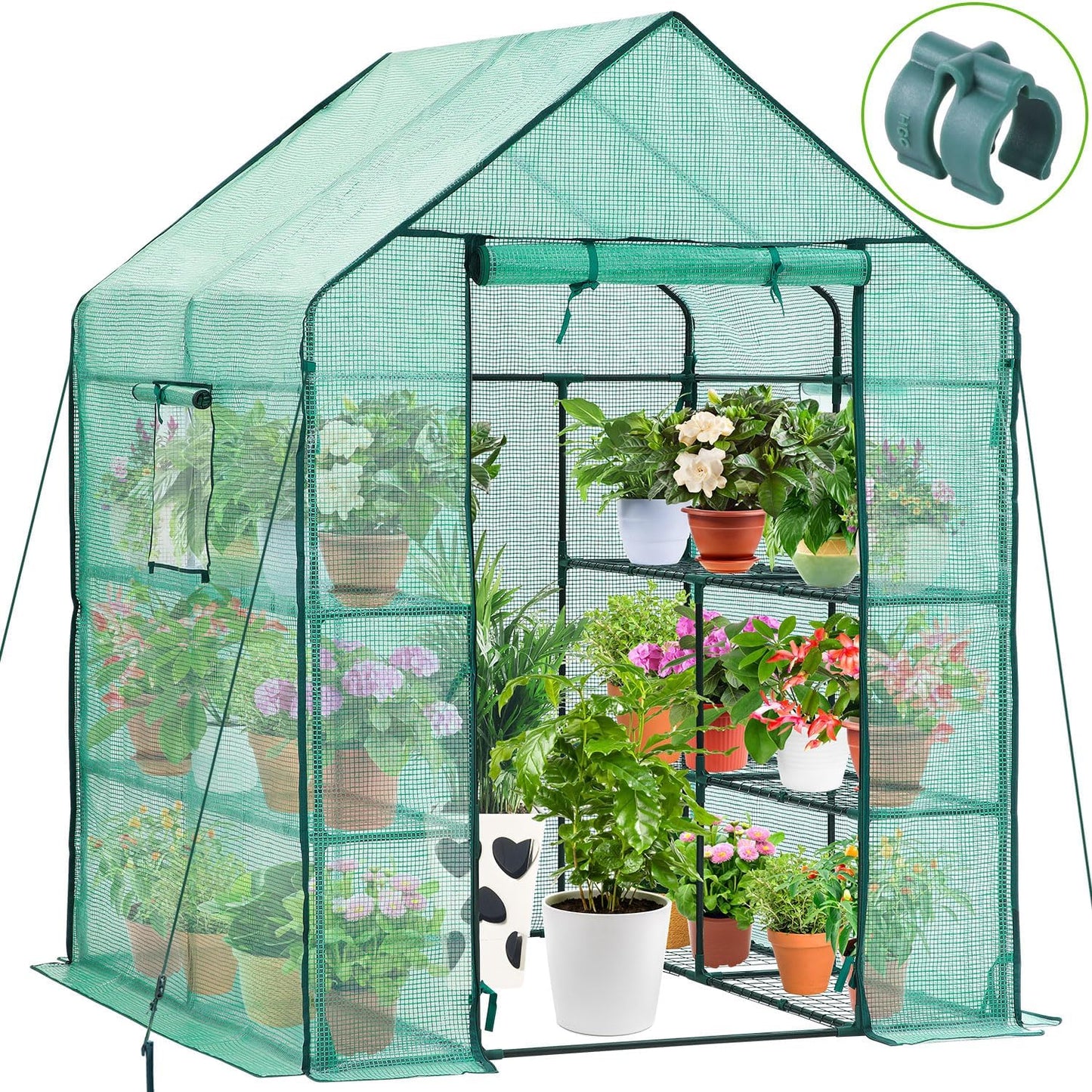 Greenhouse for Outdoors with Screen Windows, 57 X 57 X 76'' Walk in Plant Greenhouses Heavy Duty with Durable PE Cover, 3 Tiers 12 Shelves Stands Plastic Portable Green House with Shelf Clips