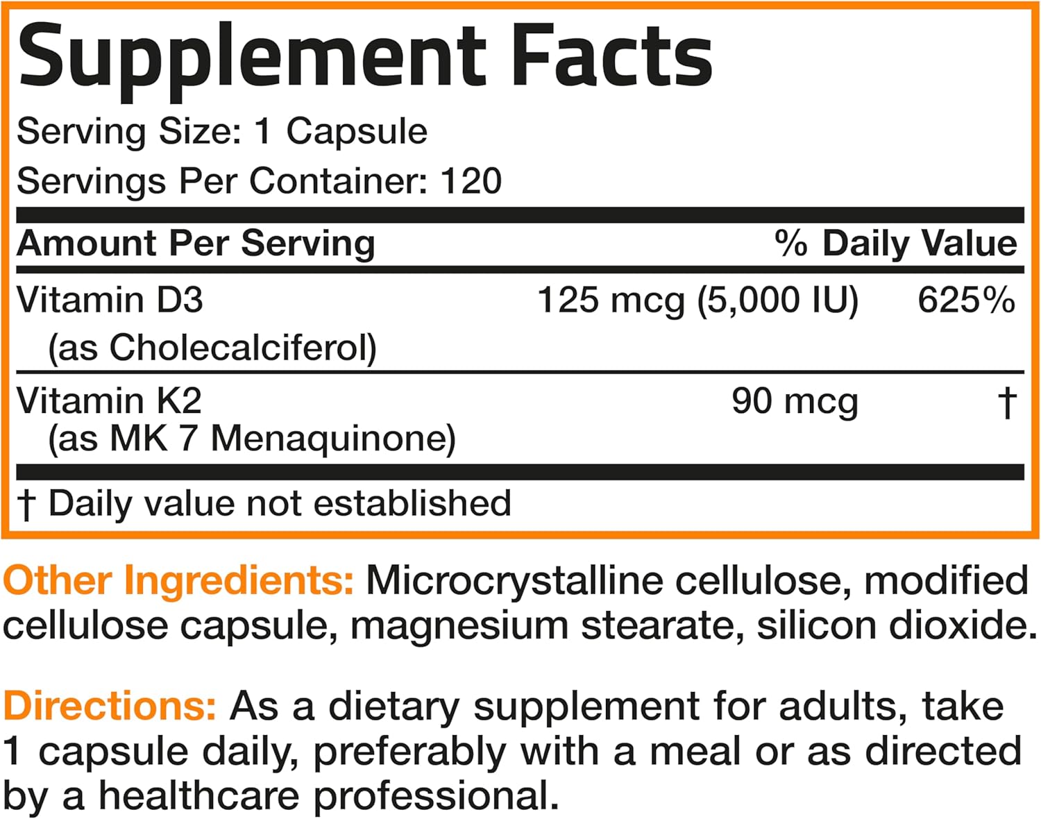 Vitamin K2 (MK7) with D3 Supplement Non-Gmo Formula 5000 IU Vitamin D3 & 90 Mcg Vitamin K2 MK-7 Easy to Swallow Vitamin D & K Complex, 120 Capsules.