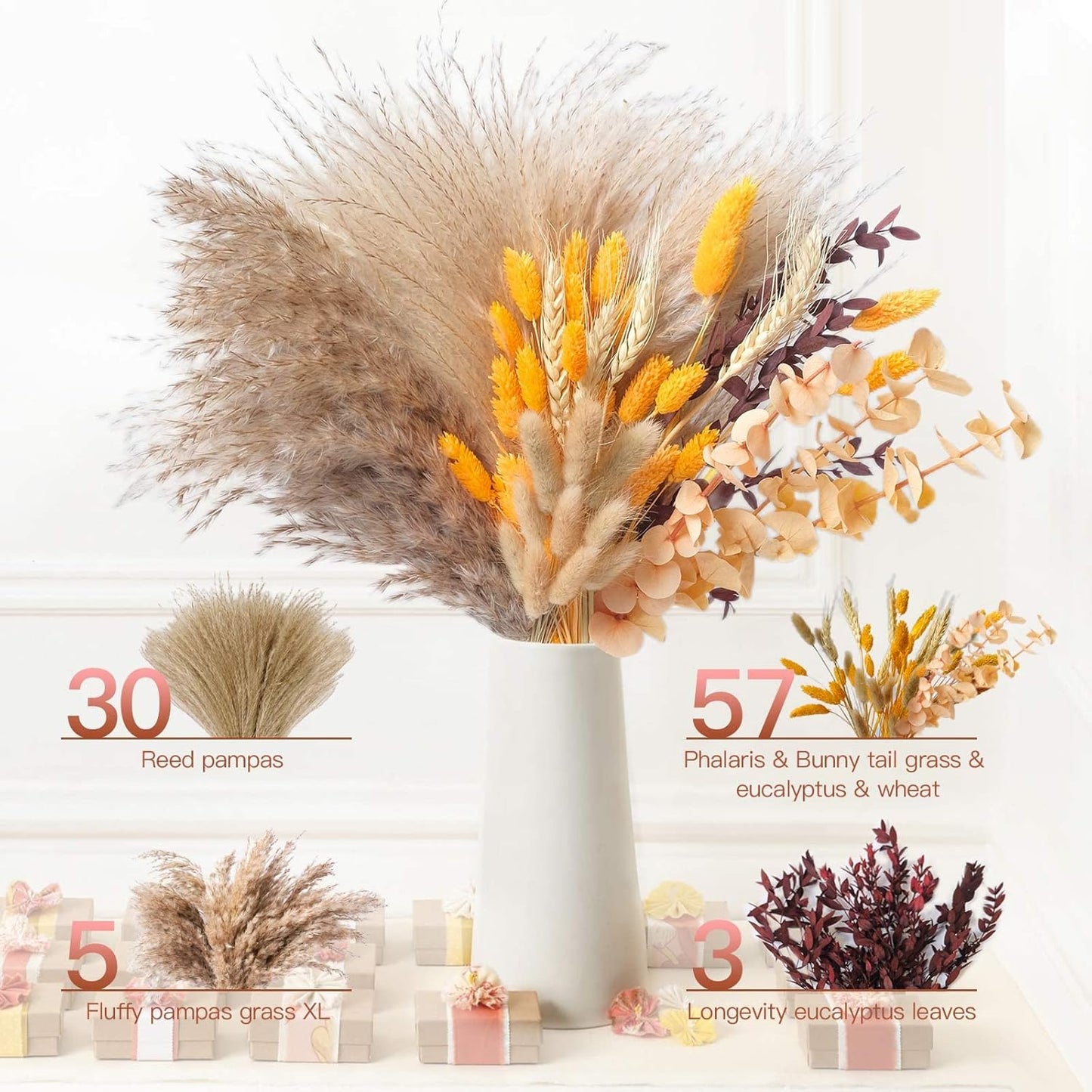 Fall Decor Autumn Decorations for Home Thanksgiving Table Boho Flowers Orange Pampas Grass Fluffy Dried Flower Bouquet Dry Pompas 17"-95-Pcs Pompous (Orange)