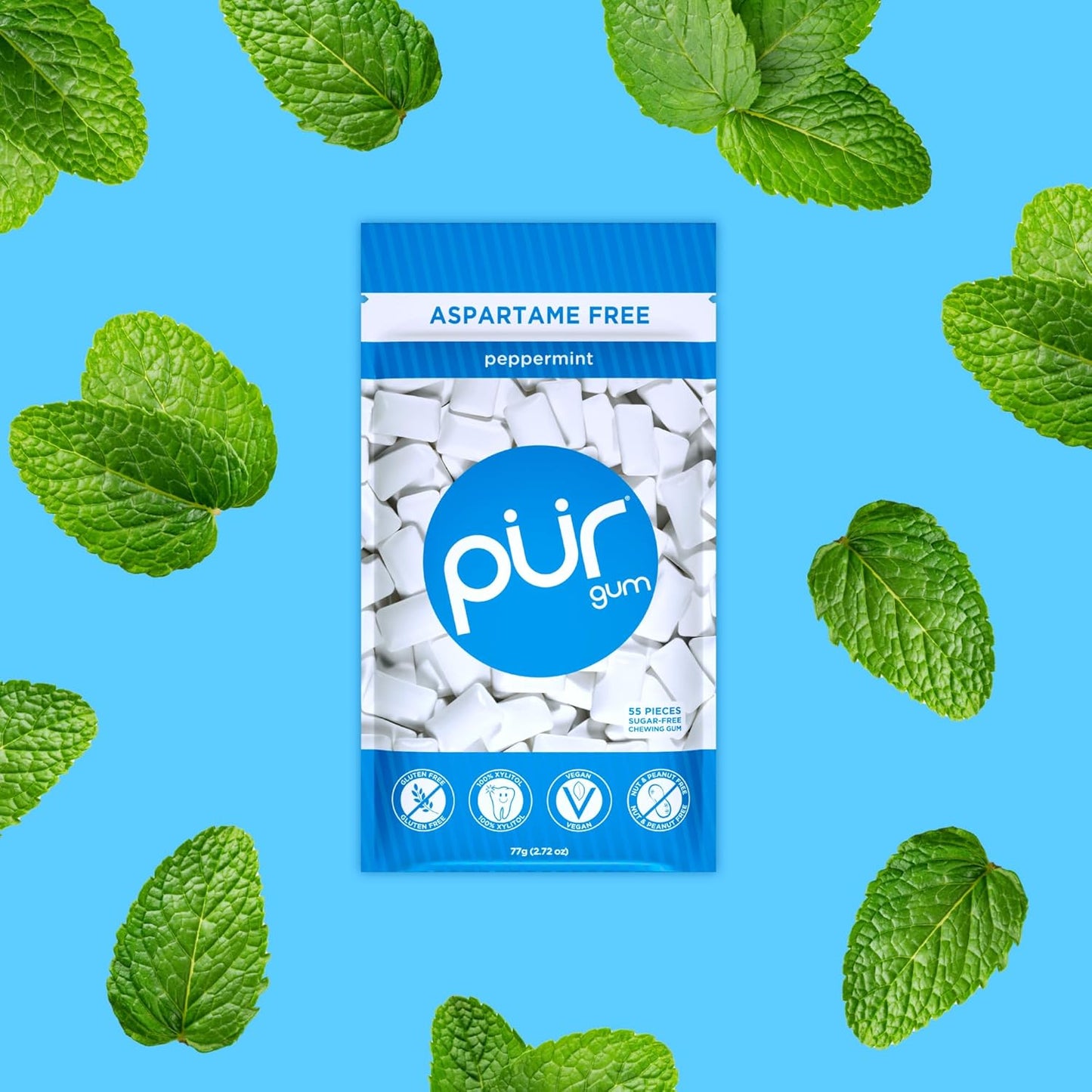 Gum | Aspartame Free Chewing Gum | 100% Xylitol | Natural Peppermint Flavored Gum, 55 Pieces (Pack of 6)