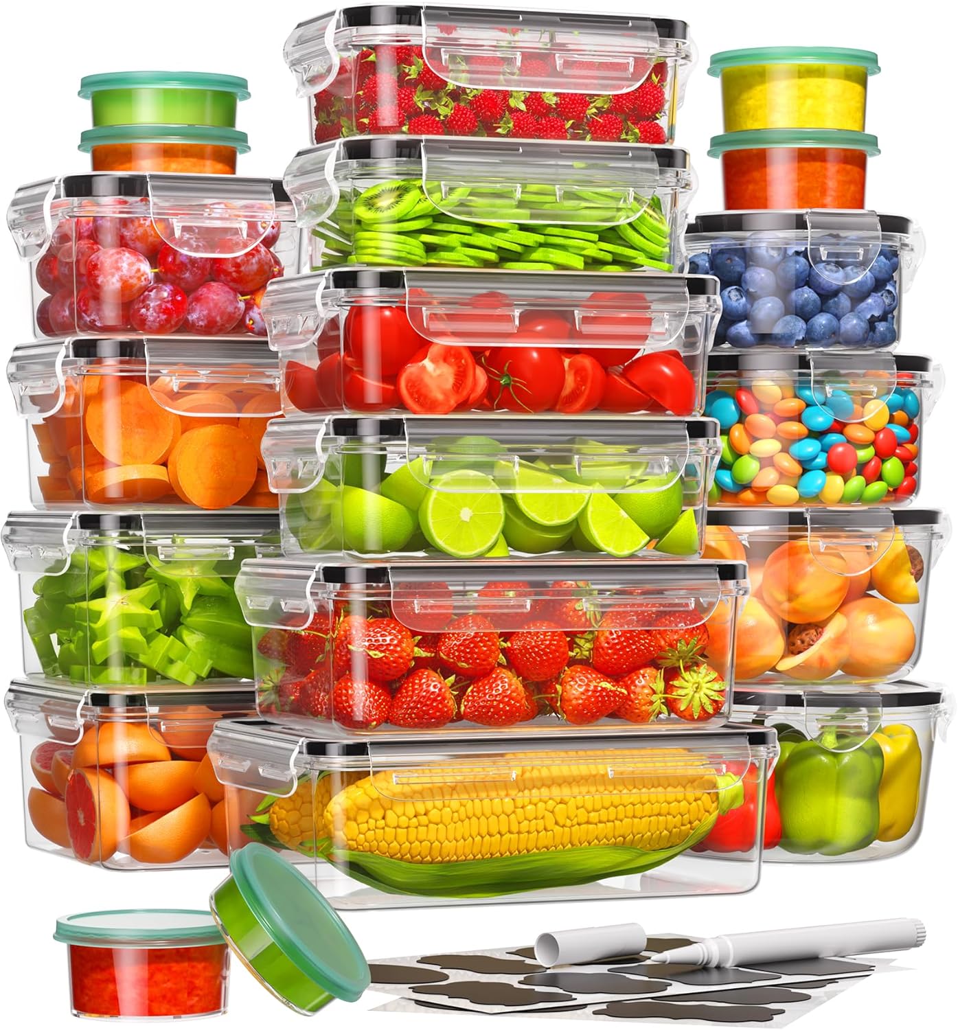 40 Piece Food Storage Containers with Lids(20 Containers & 20 Lids), Plastic Food Containers with Lids for Kitchen Storage and Organization, Bpa-Free & Leak Proof, Includes Labels & Pen