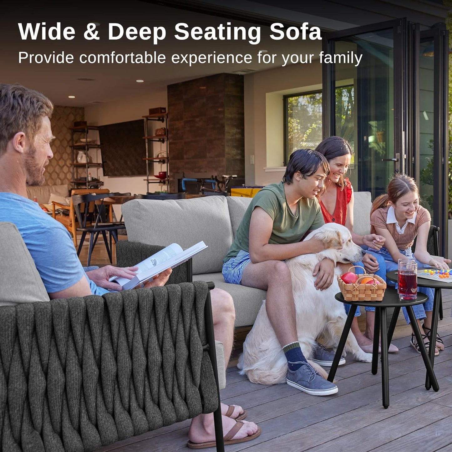 Life Chatter Patio Furniture Set 5 Pieces, Outdoor Furniture 5-Seat Sofa with Two round Coffee Table, Waterproof Thick Cushion Deep Seating for Porch, Balcony, Earth Black & Misty Grey